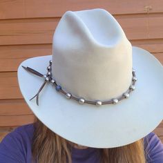 Handcrafted leather & steel bead hat band! Our lathe turned stainless steel beads on leather and adjustable for your cowboy hat. #hatband Cool and elegant hat band. Unique cowboy hat band for men and women. #cowboyhatband Hat band made in Idaho! Hat Bands Diy Ideas Western, Beaded Hat Brim, Beaded Hat Band Patterns, Hat Bands Diy Ideas, Burn Hats, Burned Hats, Cowboy Hat Band, Cowboy Hat Bands, Leather Cowboy Hats