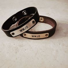 WWJD bracelet -black leather with engraved silver plate or brown leather with brass plate Adjustable Nickel-free Name Bracelet For Everyday, Adjustable Leather Strap Bracelets For Everyday, Classic Adjustable Name Bracelet For Friendship, Adjustable Personalized Cuff Bracelet For Everyday, Everyday Nickel-free Leather Bracelets, Black Leather Friendship Bracelet, Everyday Leather Strap Bracelet, Leather Bracelet With Strap As Gift, Leather Strap Bracelet For Everyday Use