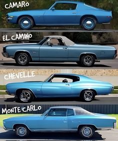 three different types of muscle cars with the names in spanish and english on each car