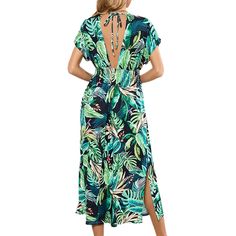 Green Printed Bat Sleeve V Neck Long Dress Green Tropical Print Midi Dress For Vacation, Green Tropical Print Midi Dress For Beach, Casual Green Leaf Print Dress, Casual Green Dresses With Leaf Print, Summer V-neck Dress With Leaf Print, Casual Green Dress With Leaf Print, Casual Green Midi Dress With Tropical Print, Green V-neck Midi Dress For The Beach, Tropical V-neck Midi Dress For Spring