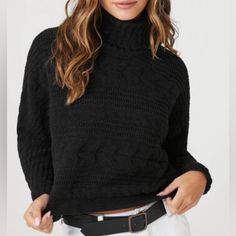 Forever 21, New With Tags Trendy Soft Knit Black Sweater, Trendy Black Soft Knit Sweater, Trendy Turtleneck Cable Knit Tops, Black Knit Turtleneck Top, Black Soft Knit Turtleneck Top, Black Cable Knit Trendy Sweater, Black Trendy Cable Knit Sweater, Trendy Black Winter Knit Top, Trendy Black Cable Knit Sweater