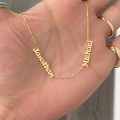 Perfect example of our popular block font nameplate necklace customized with two names. So feel free to message us with any personalized requests as we are always happy to help! 💘 Fonts Name, Present Gift Ideas, Italian Chain, Block Font, Solid Gold Necklace, Nameplate Necklace, Custom Fonts, Present Gift, Chain Link Necklace