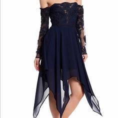 Off The Shoulder. Beautiful Details Blue Lace Mini Dress For Prom, Navy Long Sleeve Midi Dress For Party, Navy Midi Dress For Spring Evening, Navy Evening Dress For Summer, Navy Dress For Fall Party, Navy Midi Dress For Spring Party, Blue Long Sleeve Lace Midi Dress, Navy Mini Dress For Spring Party, Navy Mini Dress For Evening