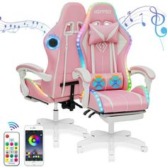 two pink gaming chairs sitting next to each other with music notes on the wall behind them