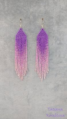 These unique handmade earrings are made of high-quality Czech beads and strong synthetic thread. They are elegant, fashionable, and highly versatile, suitable for everyday wear. There may be some color discrepancies which is due to the different monitor settings 100% hand made with love! Measurements: Length-about  11cm (4.3 inch) Width -about  2 cm (0.79 inch) Materials: Sterling silver components Czech glass beads Strong bead weaving thread Handmade Lavender Drop Earrings, Purple Tassel Earrings With Dangling Beads For Gift, Gift Purple Tassel Earrings With Dangling Beads, Handmade Purple Chandelier Earrings As Gift, Purple Dangle Earrings With Tiny Beads, Purple Long Drop Beaded Earrings With Dangling Beads, Pink Tassel Earrings With Round Beads For Summer, Summer Pink Tassel Earrings With Round Beads, Adjustable Purple Bohemian Tassel Earrings