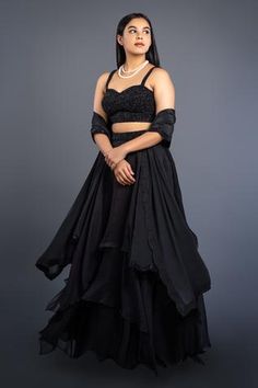 Shop for Shahmeen Husain Black Raw Silk Organza Layered Skirt Set for Women Online at Aza Fashions Organza Lehenga With Tiered Skirt For Party, Organza Tiered Lehenga For Party, Organza Tiered Skirt Lehenga For Party, Embellished Tiered Lehenga For Party, Embellished Party Sets With Tiered Skirt, Party Sets With Embellished Tiered Skirt, Party Georgette Lehenga With Tiered Skirt, Party Tiered Georgette Lehenga, Embellished Tiered Skirt Sets For Reception