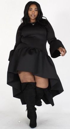 Black high low dress with bell sleeves. Pair this cutie with your favorite belt, boots or cute heels. Outfits With High Boots, Belt Boots, Black High Low Dress, Dress With Bell Sleeves, Cute Heels, Bell Sleeve Dress, High Boots, High Low Dress, Black Friday