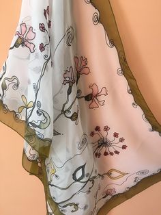 White silk scarf painted Carnation flower Carnations Small flowers Olive green Armenian gift Long Scarves Italian style French gifts shawl FREE SHIPPING Worldwide! (tracked) This silk blend batik/scarf is made to order. We use only highest quality, water resist dye from French manufacturers. Length approx. 130cm / 51 inches Width approx. 45cm / 18 inches We will make almost the same scarf with slight differences, because it`s handmade! Author Hripsime Amirjanyan Shipping time: Europe 3 weeks. US White Bohemian Silk Scarf With Floral Print, White Silk Scarf With Floral Print For Gift, White Floral Print Silk Scarf As A Gift, White Floral Print Silk Scarf For Gift, White Artistic Handmade Scarves, White Silk Shawl Scarf For Spring, White Hand Painted Silk Scarf Gift, Artistic Handmade White Scarves, Artistic Hand-painted White Scarf