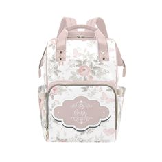 a white and pink backpack with flowers on it