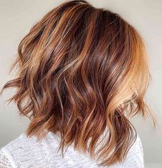 Pumpkin Spice Hair is Trending for Fall 2023: Here Are 25 Gorgeous Examples Caramel Blonde Brown Hair, Caramel Balayage Bob Lob Haircut, Styling A Lob, Brown To Copper Balayage, Bob Caramel Balayage, Blonde Caramel Hair, Brown Hair With Auburn Highlights, Copper Lob, Caramel Bob