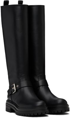 Handcrafted calf-high buffed calfskin boots in black. · Pin-buckle strap at vamp · Pull-loop at heel collar · Treaded rubber sole Supplier color: Black Knee-high Riding Boots With Buckle Closure, Elegant Leather Sole Knee-high Boots For Riding, Classic Knee-high Boots With Buckle And Round Toe, Classic Knee-high Boots With Buckle Closure, Classic Leather Riding Heeled Boots, Knee-high Calf Leather Boots With Buckle Closure, Classic Riding Boots With Buckle Closure, Elegant Moto Boots With Leather Lining For Business, Luxury Riding Boots With Leather Sole