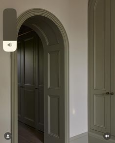 an arched doorway leading to another room with wooden flooring and walls painted in light green