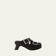 Loewe leather platform sandals 3.50 in / 90 mm comma heel Open toe Dual buckle vamp Slide style Leather outsole Made in Italy Leather Platform Sandals, Bergdorf Goodman, Platform Sandals, Open Toe, Tops Designs, In Italy, Buckle, Italy, Sandals