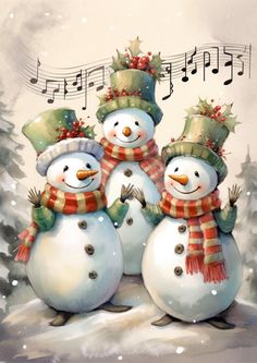 three snowmen with hats and scarfs on