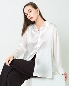 Material: 22 Momme 100% Mulberry Silk;Model is wearing a size S and is 174cm, 84cm Bust, 60cm Waist, 90cm Hips; This long-sleeved oversized shirt is made from 100% mulberry silk. With its relaxed silhouette, this silk blouse effortlessly drapes over the body. Designed to be long and slightly loose, it provides versatile styling options. Whether for the office or a spontaneous evening in the city, make this blouse a wardrobe essential, adaptable for various occasions. Oversized Collared Shirt, Oversized Silk Shirt, Shirt For Ladies, Silk Shirt Blouses, How To Wash Silk, Old Symbols, Collared Blouse, Luxury Silk, Eco Friendly Fashion