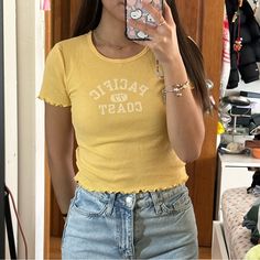 Brand New With Tag, No Flaws Cute Ribbed Cotton Tops, Cute Ribbed Tops, Vintage Ribbed Cotton Tops, Vintage Ribbed Crew Neck Tops, Cute Yellow Crew Neck Top, Casual Yellow Ribbed Top, Cute Yellow Stretch Tops, Cute Stretch Yellow Tops, Baby Tee