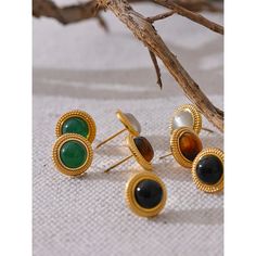 Add a touch of nature to your style with these Natural Stone Earrings. Crafted from genuine, natural stones, each piece is unique and will add a one-of-a-kind charm to your outfit. Elevate your look with these quirky, playful earrings (and make your friends green with envy!) Eye Agate, Tiger Eye Earrings, Ring Bracelet Chain, Natural Stone Earrings, Green With Envy, Black Onyx Stone, Gold Stud Earrings, Eye Earrings, Green Agate