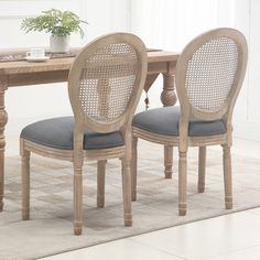 a dining table with two chairs and a potted plant