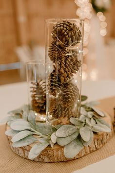 pine cones and greenery are placed in glass vases on a wood slice for centerpiece