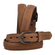 Style number: D1184. Brown distressed full-grain leather belt. 3-piece overlay. Double-row stitching. Removable antique silver tone buckle. Measures: 1 1/4" wide. Brown Belt, Full Grain Leather, Leather Belt, Leather Men, Antique Silver, 3 Piece, Grain, Silver Tone, Stitching