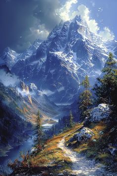 a painting of a mountain scene with a path leading up to the top and clouds in the sky