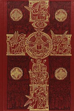 a red and gold book with an image of jesus on the cross, surrounded by other symbols