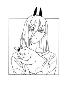 an anime character holding a cat with horns on her head, in black and white