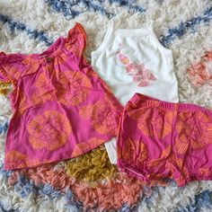 Tropical Feel 3 Piece Outfit. So Cute On. Size 6 Months. Euc. Onesie Unworn. 3 Piece Outfit, Summer Baby Clothes, Baby Outfit, Summer Baby, Girl Clothes, Baby Sets, Orange Pink, Pink Orange