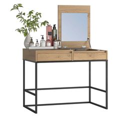 a wooden vanity with two drawers and a mirror on it's side, next to a potted plant