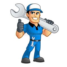 a cartoon mechanic holding a wrench and giving the thumbs up