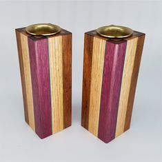 Wood Candleholders - This candleholder set is made of exotic and domestic woods, and veneer-dyed by the artist. Each set is one of a kind. Due to the intricate and detailed nature of this design, each will be unique. Natural variations in exact coloration and patterning will occur. Woodworking Candle Holder, Wooden Candle Holders Rustic, Diy Wooden Candle, Wood Tea Light Holder, Raffle Ideas, Candles Homemade, Striped Candles, Diy Candles Homemade, Unicorn Spit