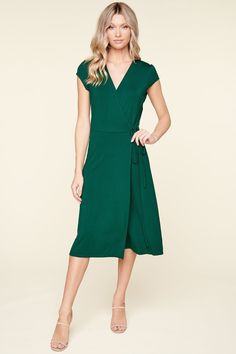 Annecy Jersey Knit Midi Wrap Dress is perfect to wear out to brunch or just lounging around. This is a soft stretch jersey dress with a fitted at the bodice that flares at the waist, giving you shape and comfort at the same time. Pair it with your favorite heels or sandals for a cute and chic look.- Cap sleeve- Midi wrap dress- Modesty snap at neckline- Soft stretchy knit jersey fabric- Comes in 2 colorsSize + Fit - Model is 5'9" and wearing size XS - Measurements taken from size S - Chest: 34 1 Stretch Viscose V-neck Midi Dress, Sleeveless Modal Dress For Loungewear, Fitted Loungewear Dress In Solid Color, Solid Color Fitted Dress For Loungewear, Fitted V-neck Maxi Dress For Loungewear, Flattering Midi Length Elastane Dress, Solid Stretch Dress For Brunch, Fitted Solid Color Loungewear Dress, Casual Fitted Elastane Maxi Dress