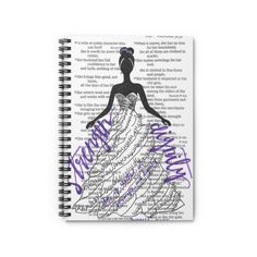 a spiral notebook with an illustration of a woman in a dress and words on it