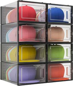 six bins with different colored lids on them