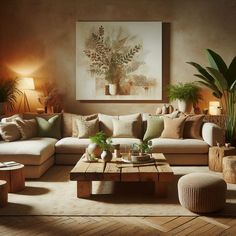 a living room filled with lots of furniture and potted plants on top of it