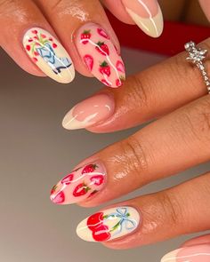 These are stunning summer nails. The design features vibrant strawberries, cherries, and blue ribbons on a creamy base, evoking the refreshing and playful spirit of summer fruits.  🌸Click on the image to shop our trending Korean Gel Polish this season.  🌸Credit: emspolish on Instagram 🌸summer nails, strawberry nails, cherry nails, summer nail art, Korean gel polish, fruity nail designs, summer manicure, vibrant nails, nail art trends, nail design ideas, nail polish, summer nails 2024, nail art inspiration, gel polish designs, fresh fruit nails, colorful nails, nail art summer, nail trends, cute nail designs, summer nail colors Strawberry Nail Art, Berry Nails, Fruit Nails, Fourth Of July Nails, Summer Nail Designs, Nails Easy, Summery Nails