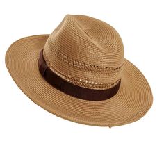 Introducing the Lisbon Sun Hat Straw, crafted with a luxurious polybraid large brim fedora and adorned with a delicate ribbon with cross piece. Perfect for any occasion, elevate your style with this elegant and exclusive hat, finished on the wearers left side. Elegant Brown Fedora Panama Hat, Elegant Braided Straw Hat With Flat Brim, Elegant Braided Brimmed Straw Hat, Elegant Braided Hat For Beach, Elegant Braided Hat For The Beach, Elegant Braided Straw Hat For Beach, Elegant Braided Toquilla Straw Hat, Elegant Braided Sun Hat For Beach, Elegant Braided Sun Hat For The Beach