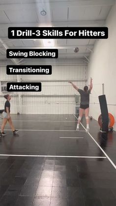 two people are playing badminton in an indoor court with the words drill - 3 skills for hitters