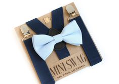 "Your guy will be the talk of the party when he shows up wearing this blue bow tie and suspenders! These navy blue toddler suspenders and light blue boys bow tie are perfect for a cake smash outfit, boys birthday outfit, wedding outfit, family photoshoot or other special occasion. This 100% cotton bow tie is double layered and reinforced with interfacing so it will hold its form well. The bow ties come in 2 attachment options- on an alligator clip (best for squirmy little guys) or an adjustable Blue Bow Tie For Party Or Father's Day, Blue Bow Tie For Wedding And Father's Day, Blue Bow Tie And Suspenders, Light Blue Bow Tie, Navy Blue Suspenders, Toddler Suspenders, Tie And Suspenders, Boys Birthday Outfits, Blue Suspenders