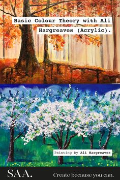 two trees with white flowers and the words, basic color theory with all harreaves acrylic