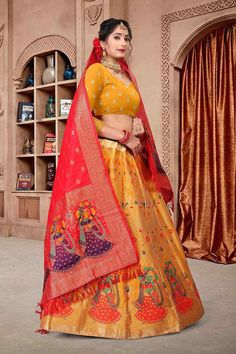 color-yellow, fabric-jacquard, work-woven, brand-name-krupali-savani,occasion-festivewear, occasion-wedding-guest, womenswear,ideal-for-women, lehengas, Product Features: Color: Yellow Lehenga Fabric: Jacquard Choli Fabric: Jacquard Work: Zari Woven Sleeves: 3/4 Sleeves Neck Type: Round Neck Wash Care: Dry Clean Occasion: Festivewear, Wedding Guest Product Type: Lehenga Choli with Dupatta Disclaimer: There will be slight difference in digital to actual image Lehenga Fabric, Yellow Lehenga, Lehenga Choli, Yellow Color, Wedding Guest, Lehenga, Round Neck, Women Wear, Yellow