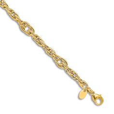 Dynamic high-polish woven links intertwine along the length of this elegant women's bracelet. Fashioned in 14K yellow gold, the 7.5-inch chain secures in place with a lobster clasp. Luxury Oval Link Chain Bracelet With Figaro Chain, Luxury Figaro Chain Bracelet With Oval Link, Luxury Gold Bracelet With Figaro Chain, Elegant Figaro Chain Bracelet, Formal Figaro Chain Bracelet With Oval Link, Luxury Figaro Chain Bracelet For Formal Occasions, Formal Gold Figaro Chain Bracelet, Luxury Formal Figaro Chain Bracelet, Gold Figaro Chain Link Bracelet