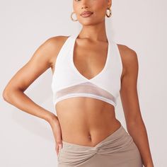 Plt White Textured Halter Neck Crop Top (New With Tag) White Mesh Stretch Crop Top, White Halter Neck Top, Bra-friendly, White Halter Neck Top Bra Friendly, White Halter Neck Top With Bra-friendly Design, White Fitted Mesh Crop Top, Halter Neck Crop Top, Weekend Plans, Clear Heels, Neck Crop Top