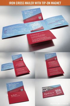 the brochure is designed to look like it has been folded in red and blue