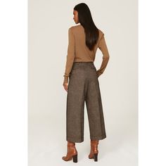 Brown tweed (53% Wool, 47% Cotton). Trousers. Front zipper fly with button closure. 25" inseam. 13.5" rise. Imported. Formal Pants With Button Cuffs For Fall, Formal Wool Bottoms For Fall, Classic Fall Bottoms For Workwear, Tailored Bottoms With Button Closure For Fall, Tailored Fall Bottoms With Button Closure, Tailored Pants With Button Cuffs For Fall, Tweed Pants With Pockets For Fall, Elegant Brown Pants With Button Closure, Tweed Bottoms For Workwear In Fall