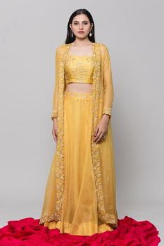 Shop for Surbhi shah Yellow Pure Organza Embellished Jacket And Skirt Set for Women Online at Aza Fashions Anarkali-style Embellished Front Open Sets, Anarkali Embellished Sets With Front Open Design, Festive Embellished Front Open Sets, Fitted Front Open Embroidered Lehenga, Embroidered Fitted Front Open Sets, Fitted Spring Sharara With Gota Work, Spring Fitted Sharara With Gota Work, Front Open Fitted Lehenga With Resham Embroidery, Front Open Fitted Lehenga For Wedding