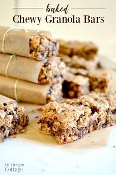 homemade baked chewy granola bars stacked on top of each other with text overlay