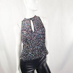 "Sequins top measures 20\" length 16\" across Good conditon with minor loose/missing sequins * Please review shop policies before completing transaction. All sales final. No returns/exchanges." Black Sequined Disco Top, Black Sequin Disco Top, Multicolor Sequined Sleeveless Top, Sparkling Sleeveless Top For Night Out, Multicolor Sleeveless Sequined Top, Disco Style Embellished Evening Tops, Disco Style Embellished Tops For Evening, Glamorous Multicolor Tops For Night Out, Glamorous Multicolor Evening Tops