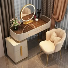 a dressing table with a mirror and chair next to it