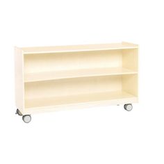 a white book shelf with wheels on the bottom and two shelves on the top, both side by side